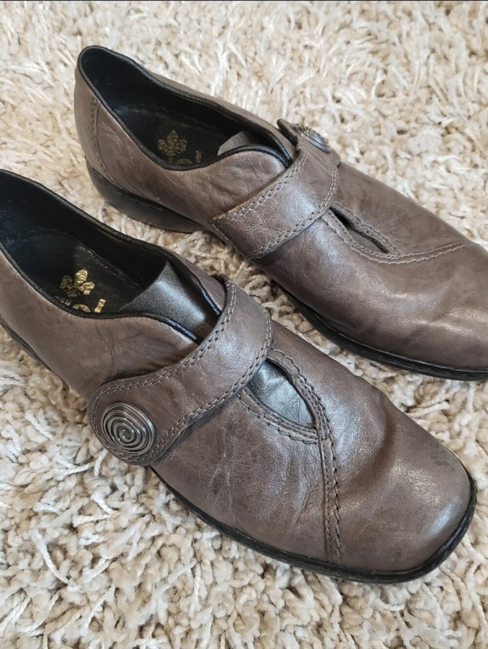 Rieker Woman's Shoe Button Casual Loafer Leather Taupe Grey Ladies Flat Sz 38